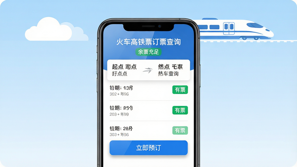 ���壺�����ֻ���Ļչʾ���𳵸���Ʊ��Ʊ��ѯ��Ӧ�ý��棬�Ϸ���ʾ������յ���У��м����г�ʱ���б�����ɫ����Ʊ����ǩ���·�Ϊ��ɫ������Ԥ������ť�����֣��ֻ����У��������ף�����Ϊǳ��ɫ���䣬�����м�Լ�İ�ɫ�ƶ��������Ӱ���Ű棺����������������Ϣ��η�����ͻ�����𳵸���Ʊ��Ʊ��ѯ�������롰��Ʊ���㡱����������ִ���ƽ����ɫ��������ƫ������Ƽ��У�ϸ�ڣ���Ļ����Ч������ť����΢��Ӱ���б����зָ��ߣ����ʣ�8K���壬�ɾ����޶���Ԫ��