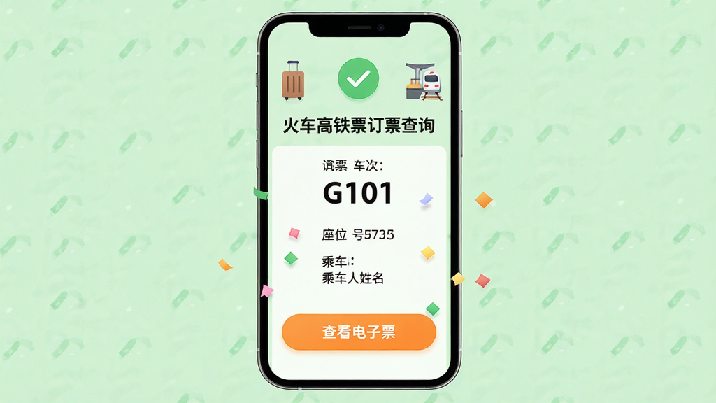 ���壺���𳵸���Ʊ��Ʊ��ѯ��Ӧ�õĶ�Ʊ�ɹ�ҳ�棬��ʾ����G101����λ�š��˳����������·��С��鿴����Ʊ����ť�����֣��ֻ���Ļ���У�����Ϊ����ɫ�������жԹ�ͼ�꣬������������վ̨Сͼ�ꣻ�Ű棺��Ϣ��ֱ���У��ؼ����ݼӴ֣���ťΪ��ɫ��������¼�࣬ͻ���ɹ���Χ��ϸ�ڣ���ֽмƮ����Ч����ť��Բ�ǣ����ʣ����壬�ɾ����޶���Ԫ��