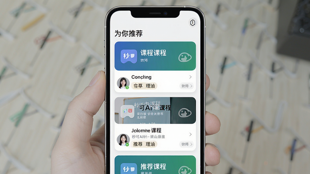 һ��չʾ���AIѧ���Ի��Ƽ����ܵĽ����ͼ������Ϊ�ֻ���Ļ���Ϸ���ʾ��Ϊ���Ƽ�����Ŀ���·�Ϊ�γ̿�Ƭ��������Ϊ�����б����Ű����࣬�����ˬ��ϸ�ڰ����γ̱��⡢��ʦͷ����Ƽ����ɱ�ǩ�������������ɾ����޶���Ԫ�ء�