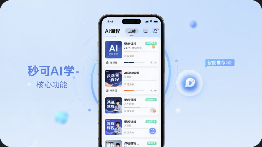 һ��չʾ���AIѧAPP���Ĺ��ܵĿ�������ͼ������Ϊ�ֻ�����ģ�ͣ���Ļ����ʾAI�γ��б��뻥��ѧϰ����������Ϊǳ��ɫ���䣬���־��У��Ű��࣬����ִ��Ƽ��У�ϸ�ڰ����γ̷�������ͼ���������������Ƽ���ǩ�����ʸ��壬�ɾ����޶���Ԫ�ء�