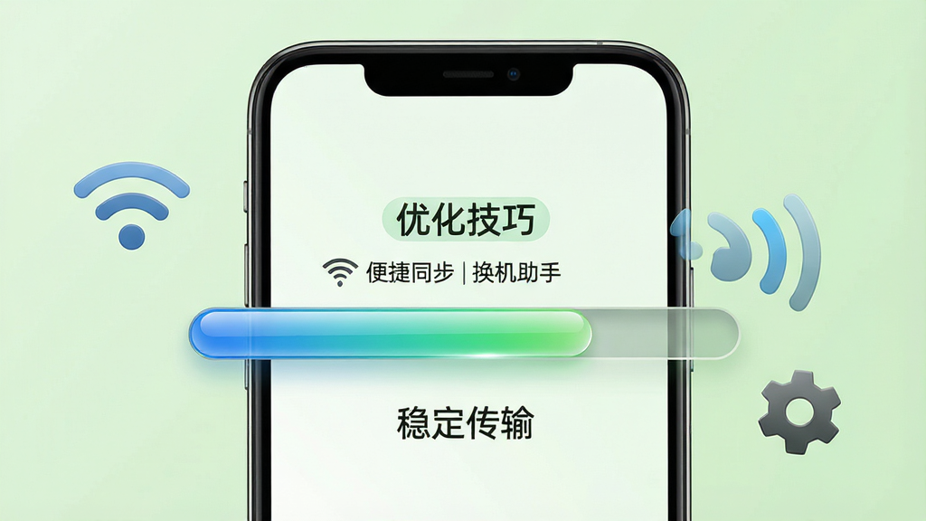 主体:一部手机屏幕显示“便捷同步换机助手”传输进度条,周围有Wi-Fi图标和齿轮图标,表示设置优化。布局:中心构图,手机屏幕占主要画面,背景为浅绿色。排版:进度条上方有“优化技巧”字样,下方有“稳定传输”提示。风格:清新自然,商务感。细节:进度条有光泽,Wi-Fi图标有信号波纹。画质:高清,干净,无多余元素。