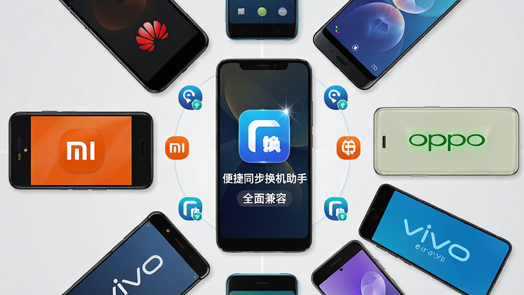主体:多部不同品牌的安卓手机(华为、小米、OPPO、vivo)围绕一个中心手机,中心手机屏幕显示“便捷同步换机助手”LOGO,周围有兼容性标志。布局:中心对称,手机呈环形排列,背景为浅灰色。排版:中心LOGO醒目,下方有“全面兼容”字样。风格:科技感,简洁。细节:每部手机边框清晰,LOGO有光泽。画质:高清渲染,干净,无多余元素。
