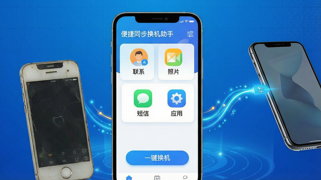 主体:一部智能手机屏幕显示“便捷同步换机助手”APP主界面,界面中有联系人、照片、短信、应用等图标,旁边有一部旧手机和一部新手机之间有一条发光的连线,表示数据传输。布局:主视觉居中,手机屏幕特写,背景为渐变蓝色科技感。排版:APP界面采用卡片式布局,图标排列整齐,底部有“一键换机”按钮。风格:现代扁平化,色彩明亮,突出安全与高效。细节:界面文字清晰,数据流动线条动态,背景有轻微网格纹理。画质:高清渲染,干净,无多余元素。