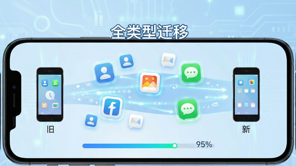 主体:手机屏幕展示“便捷同步换机助手”数据迁移界面,左侧为旧手机图标,右侧为新手机图标,中间有联系人、照片、短信等图标依次飞过。布局:左右对称,中间数据流动态,背景为浅蓝色科技感。排版:上方显示“全类型迁移”标题,下方为进度条。风格:简洁商务,色彩明快。细节:每个数据图标带有微光效果,进度条显示百分比。画质:高清,干净,无多余元素。