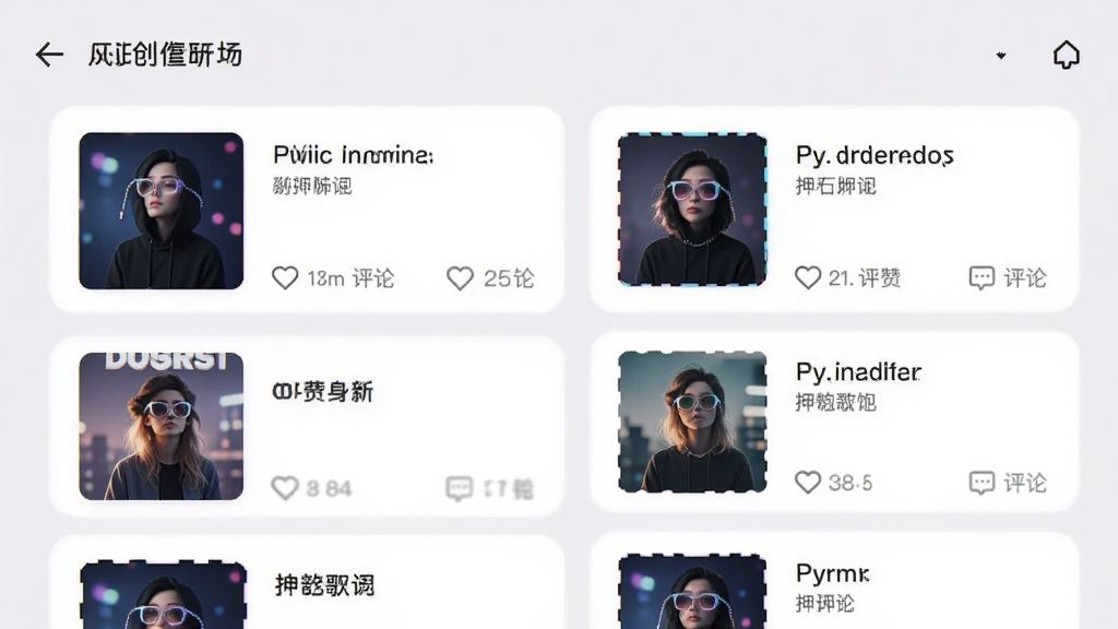 主体为押韵助手歌词续写App的创作广场界面,显示用户作品卡片流,背景为浅灰色,布局列表式,风格时尚,细节有作品封面和点赞评论数,画质清晰干净,无多余元素