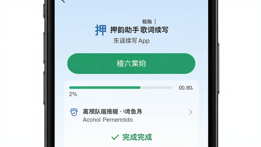 主体为押韵助手歌词续写App在手机上的安装页面,显示安装按钮和权限列表,背景为浅蓝色,布局居中,风格写实,细节有进度条和完成提示,画质干净清晰,无多余元素