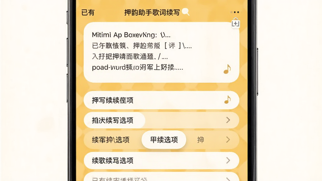 主体为押韵助手歌词续写App的歌词续写界面,上方显示已有歌词,下方显示多个续写候选项,背景为暖黄色调,布局上下结构,风格温馨,细节有候选词滑动选择操作,画质清晰干净,无多余元素