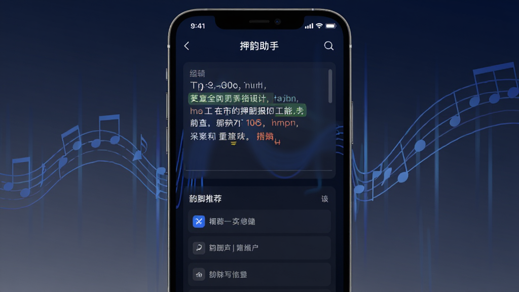 主体为一部智能手机屏幕显示押韵助手歌词续写App界面,界面有歌词编辑框和韵脚推荐列表,背景为深蓝色音乐律动线条,布局居中,排版清晰,风格现代简约,细节包括歌词高亮和押韵标注,画质高清干净,无多余元素