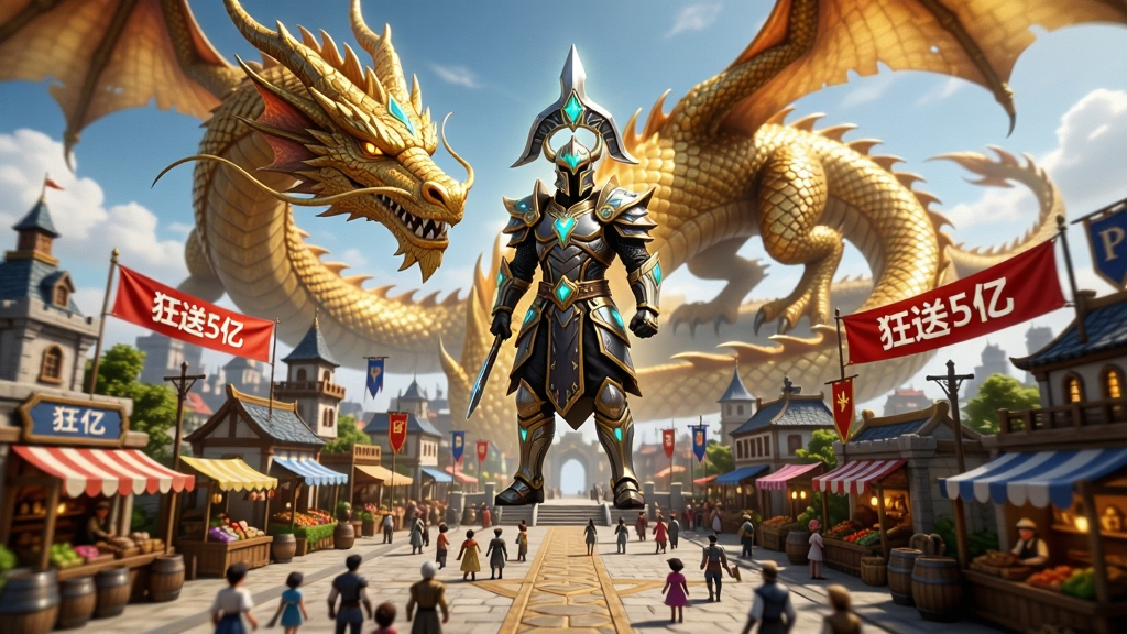 主体:游戏主城全景,一条巨大的金色巨龙盘旋在城市上空,龙背上站着一位身穿发光铠甲的战士,下方是热闹的玩家广场和NPC商铺。布局:巨龙占据画面上方三分之一,下方是细致的主城建筑与流动的人群,战士位于视觉焦点中心。排版:构图宏大,远近景层次分明,突显史诗感。风格:韩式写实CG风格,光影华丽,色彩浓郁,充满魔幻气息。细节:巨龙鳞片清晰可见,铠甲纹理精细,城市场景充满生活气息,空中飘有“狂送5亿”的红色横幅。画质:8K超高清,细节丰富,干净无多余元素。