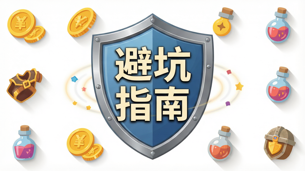 主体:一张温馨的提示图,画面中央有一个盾牌图标,盾牌上写着“避坑指南”四个大字,周围环绕着金币、装备、药瓶等小图标。布局:盾牌位于正中,其他元素围绕盾牌均匀分布。排版:简洁明了,图标清晰。风格:扁平化UI设计风格,色彩明快。细节:每个小图标都有阴影效果,盾牌有金属质感。画质:高清矢量图,干净无多余元素。