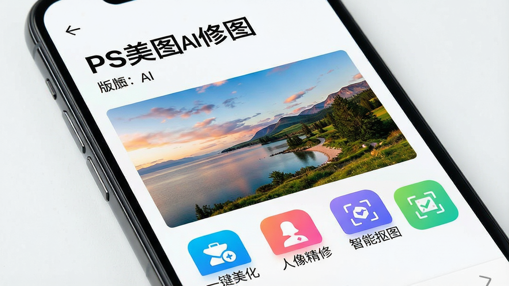 一张智能手机屏幕的特写,屏幕中显示PS美图AI修图应用的主界面,界面风格现代简约,上方是醒目的应用名称“PS美图AI修图”和版本号,中间展示一张精美的风景照片,照片下方排列着“一键美化”、“人像精修”、“智能抠图”等彩色功能图标,整体布局清晰,色彩明亮,画质高清,干净无多余元素。