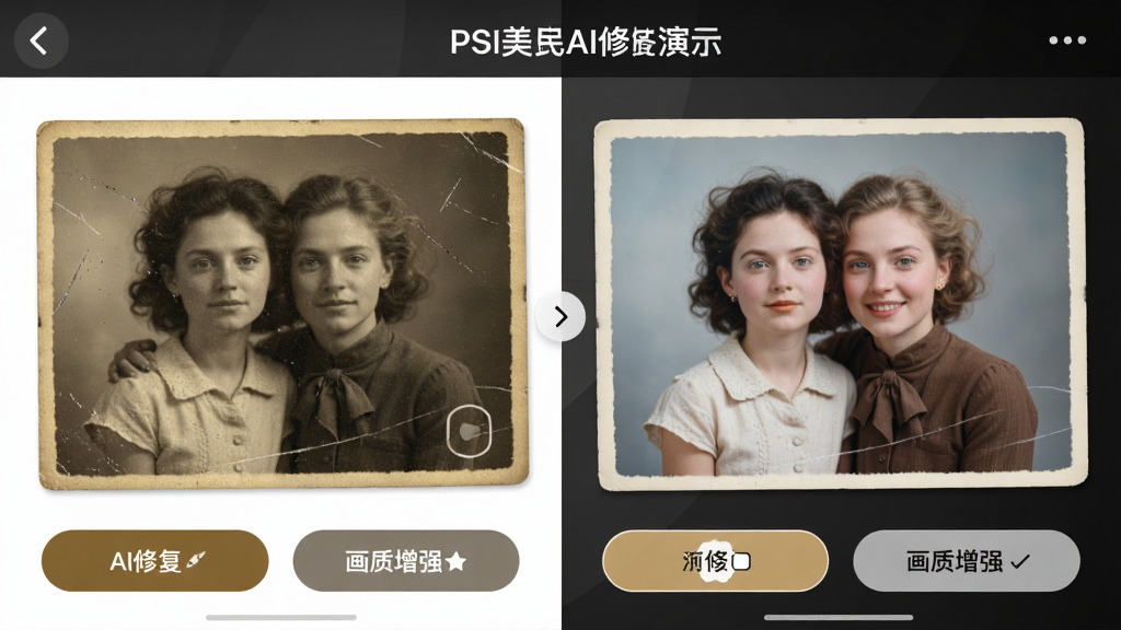 PS美图AI修图应用的老照片修复功能演示图,展示一张泛黄且有划痕的旧照片被AI修复后变得清晰明亮、色彩自然的过程,界面左右对比明显,修复后的照片细节丰富,背景干净,功能按钮“AI修复”、“画质增强”清晰可见,整体效果震撼,画质高清。