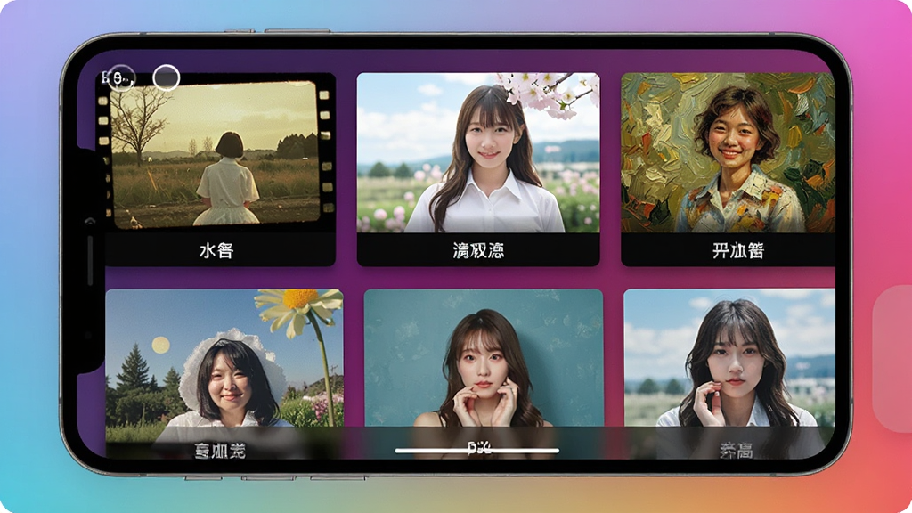PS美图AI修图应用的滤镜特效展示界面,屏幕上排列着多张应用了不同艺术滤镜的照片,包括复古胶片风、清新日系风、油画风等,每张照片下方标注滤镜名称,界面色彩丰富,滑动流畅,整体视觉冲击力强,画质高清,干净无多余文字。