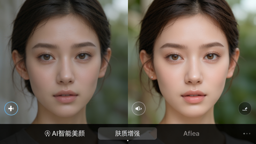 PS美图AI修图应用的人像精修功能预览图,左右分屏对比,左侧为原始人像照片,右侧为AI精修后的效果,人物皮肤细腻光滑,五官立体精致,背景虚化自然,界面下方显示“AI智能美颜”、“肤质增强”等选项,整体对比强烈,视觉效果专业,画质高清,干净无多余文字。