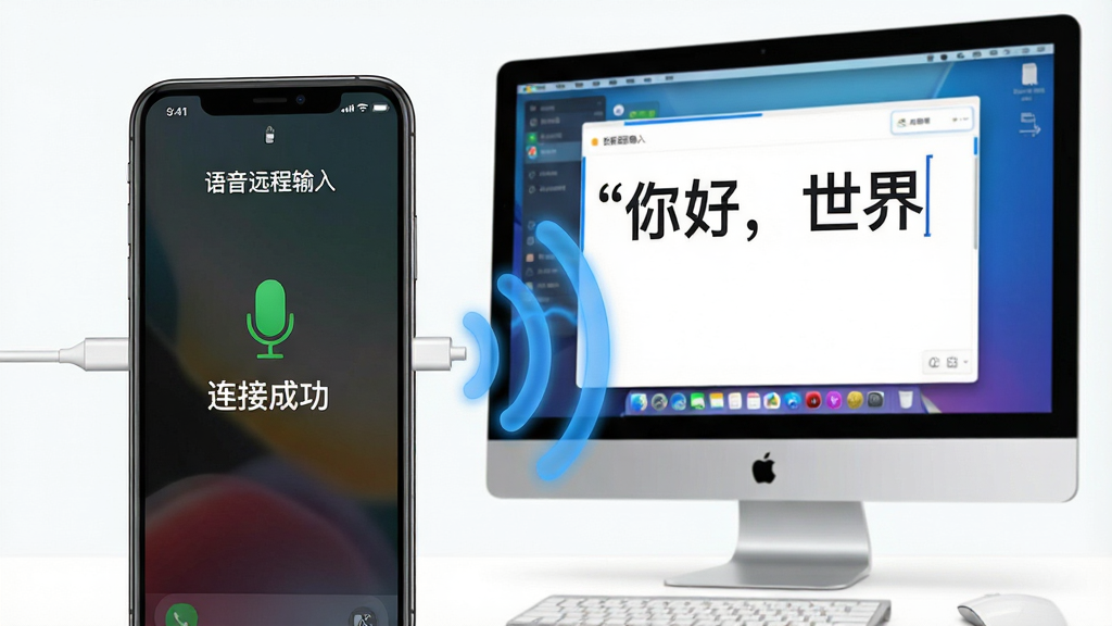 主体:一部手机与一台台式电脑通过无线信号连接,手机界面显示“语音远程输入”已连接状态,电脑屏幕显示同步输入的文字。布局:手机在前,电脑在后,中间有蓝色信号波纹连接。排版:清晰展示连接过程与成功状态。风格:写实科技风,色彩鲜明。细节:手机屏幕有“连接成功”提示,电脑屏幕出现“你好,世界”文字。画质:超清画质,干净无多余元素。