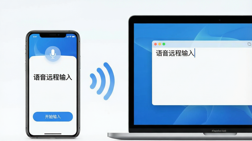 主体:一款智能手机与笔记本电脑并排摆放,屏幕显示“语音远程输入”应用界面,手机顶部有麦克风图标,电脑屏幕显示文字输入框。布局:手机在左侧,电脑在右侧,中间有无线信号波纹连接。排版:干净整洁,突出软件名称与连接状态。风格:现代科技感,蓝白主色调,界面明亮。细节:手机界面有“开始输入”按钮,电脑屏幕有光标闪烁。画质:高分辨率,清晰锐利,干净无多余元素。