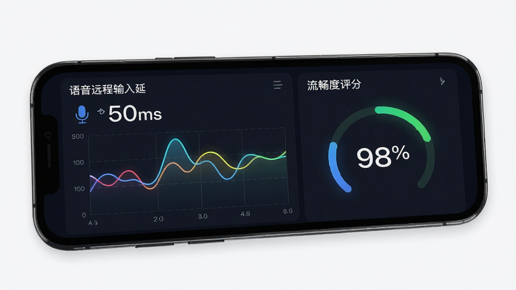 主体:实时网络延迟数据图表,手机界面显示“语音远程输入”延迟数值,同时有流畅的波形运动。布局:左侧为延迟图表,右侧为流畅度评分。排版:数据可视化,简洁明了。风格:现代数据风,深色背景搭配亮色线条。细节:延迟数字“50ms”,流畅度“98%”。画质:高清渲染,干净无多余元素。