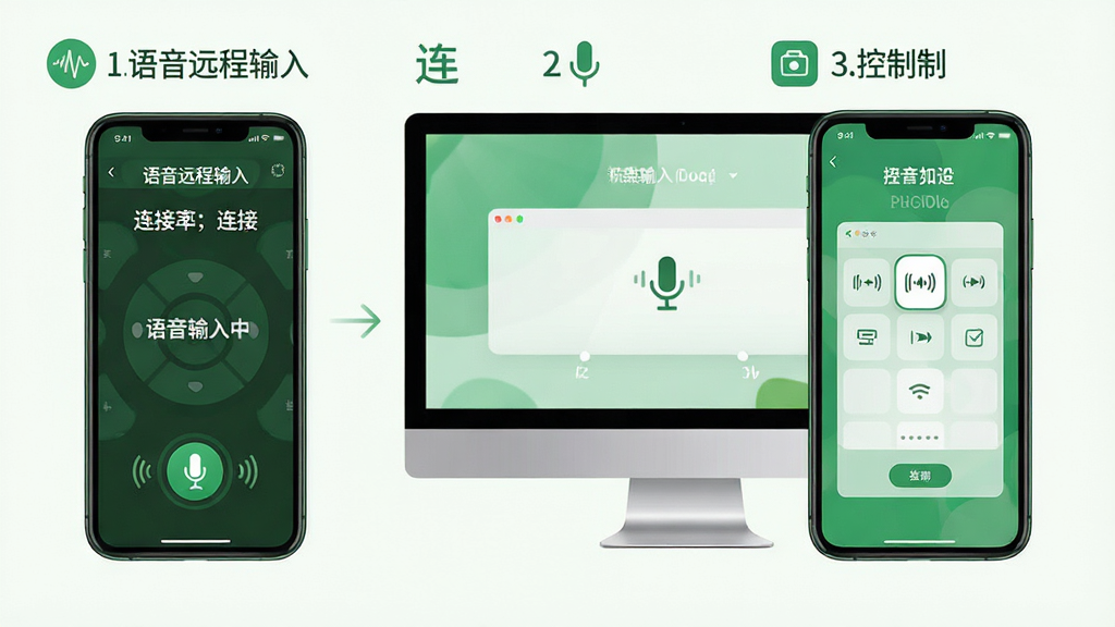 主体:手机和电脑屏幕显示“语音远程输入”的操作步骤,包括连接、输入和控制界面。布局:分步展示,每步配有小图标。排版:步骤式布局,清晰易懂。风格:扁平化设计,绿色主色调。细节:每一步都有文字说明,手机界面有“语音输入中”动画。画质:高分辨率,干净无多余元素。