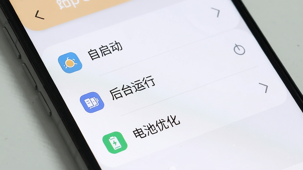一张智能手机截图,屏幕显示应用设置页面,包含“自启动”、“后台运行”、“电池优化”等选项,周围配有小图标,风格简洁,色彩柔和,画质干净,无多余元素