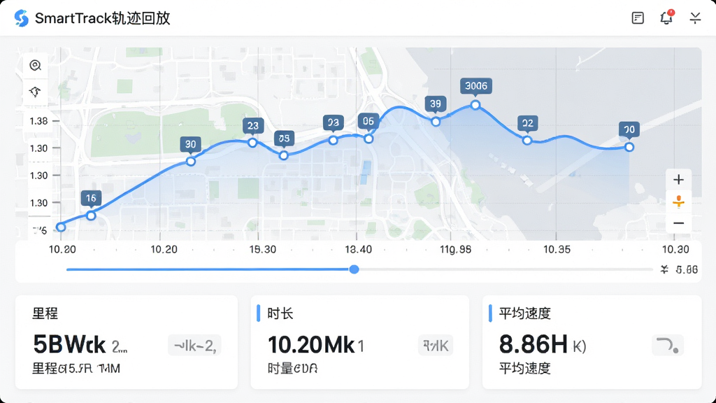 主体:SmartTrack轨迹回放界面,显示折线图与数据统计。布局:上方为地图轨迹,下方为数据卡片列表。排版:图表曲线平滑,时间轴可拖动,数据清晰。风格:商务简约风格,白色背景配蓝色线条。细节:轨迹点有数字标注,统计卡片显示里程、时长、平均速度。画质:清晰锐利,无多余元素。