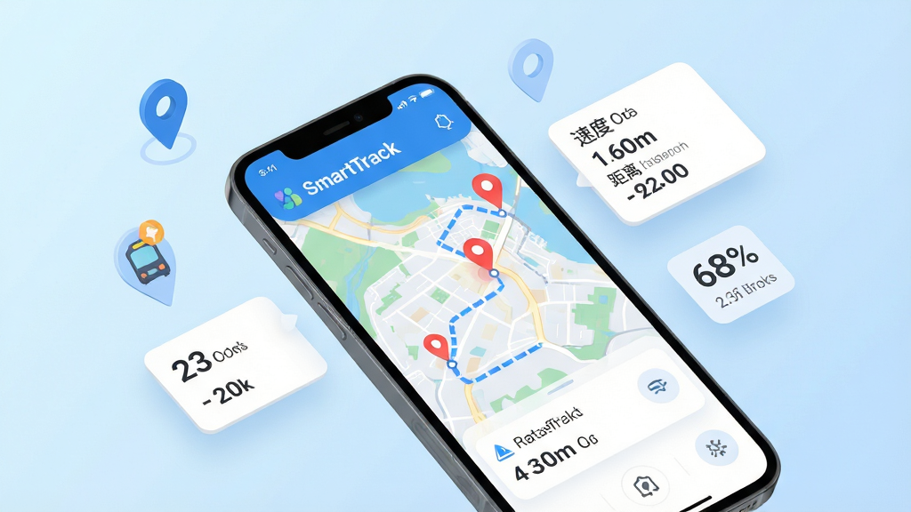 主体:SmartTrack应用界面展示,手机屏幕中显示地图定位与轨迹路线,界面风格简约现代。布局:中心构图,手机模型倾斜45度,背景为淡蓝色渐变,周围有悬浮的定位图标和数据卡片。排版:界面元素排列整齐,功能图标清晰,文字标签醒目。风格:扁平化设计,色彩清新明亮,科技感十足。细节:地图上有红色标记点,轨迹线为蓝色虚线,数据卡片显示速度、距离、时间。画质:高清渲染,干净无多余元素。