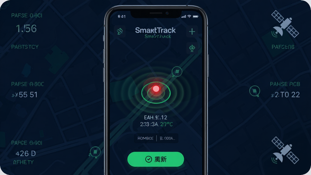 主体:SmartTrack实时定位功能示意图,手机屏幕显示地图上的精确位置标记。布局:手机居中,地图背景为深色模式,位置标记闪烁红点。排版:地图缩放比例适中,周围有坐标数据和卫星图标。风格:科技感风格,深蓝与亮绿配色。细节:位置标记带有波纹扩散效果,显示经纬度信息,底部有刷新按钮。画质:细腻清晰,无多余元素。