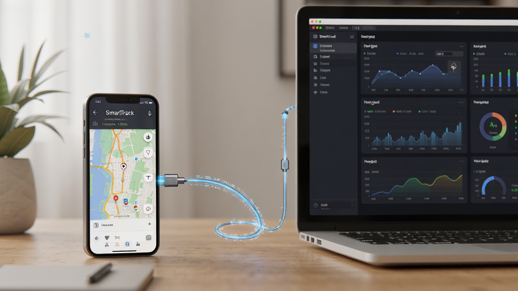 主体:SmartTrack在手机与电脑上同时运行的状态,手机放在桌面,电脑屏幕显示模拟器界面。布局:左手机右电脑,中间有同步连接线示意。排版:设备比例协调,屏幕内容清晰。风格:写实风格,光线柔和。细节:手机屏幕显示地图,电脑屏幕显示数据面板,连接线带有数据流动效果。画质:高清,干净无多余元素。