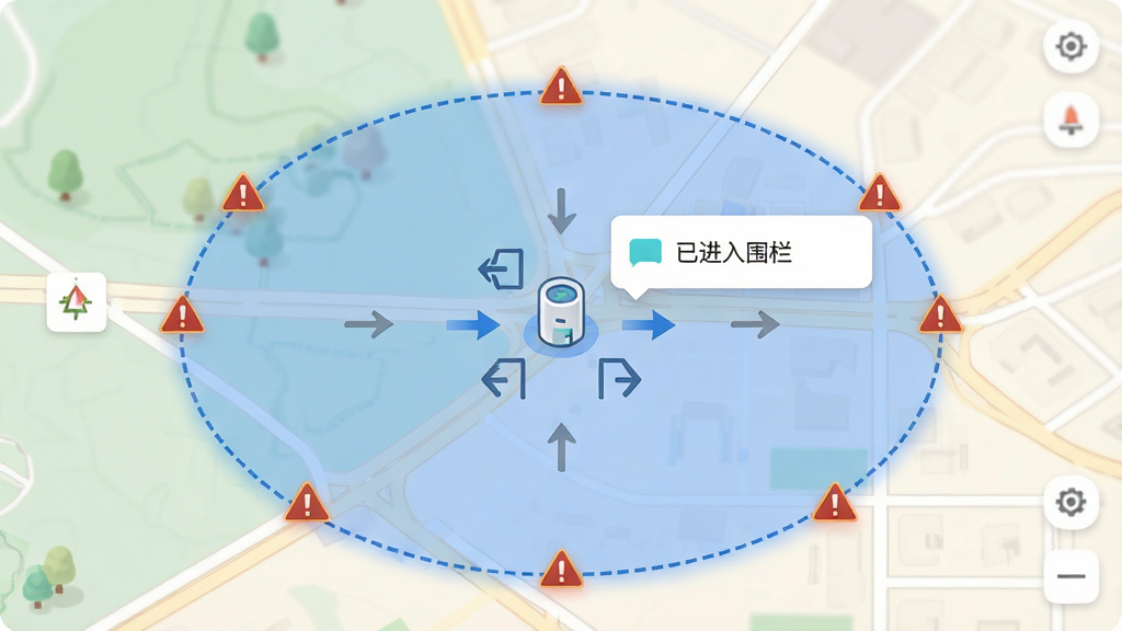 主体:SmartTrack电子围栏功能示意图,地图上显示一个圆形围栏区域。布局:地图全屏展示,围栏区域用半透明蓝色高亮,边缘有虚线边框。排版:围栏中心有设备图标,周围有进出箭头指示。风格:简洁明快,色彩柔和。细节:围栏边界有警示标识,通知消息弹出卡片显示“已进入围栏”。画质:高清,干净无多余元素。