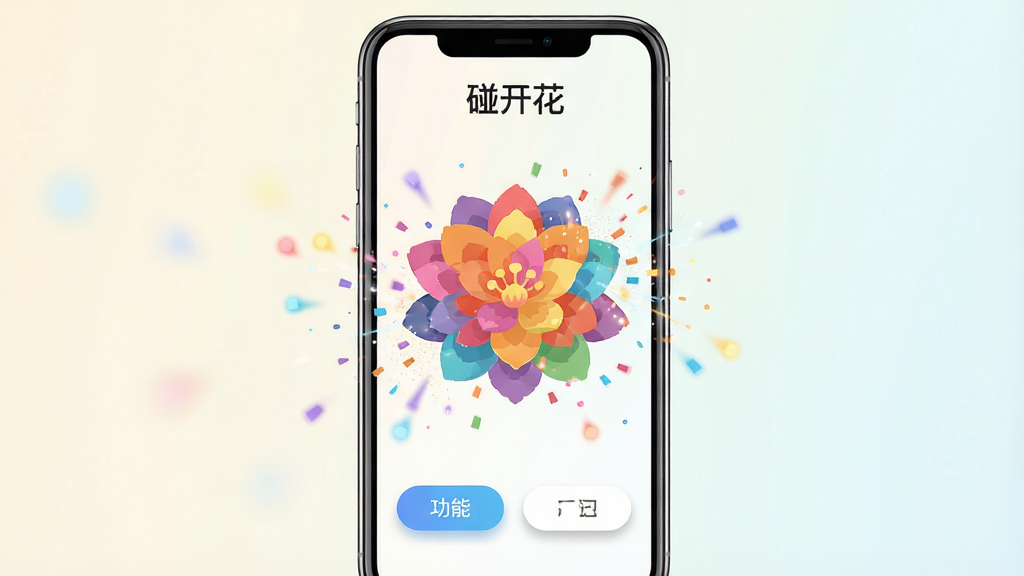 主体:碰开花软件主界面展示,手机屏幕中央显示彩色花朵绽放动画,周围有碰撞粒子效果;布局:手机居中,界面简洁,上方为软件名称“碰开花”,下方为功能按钮;排版:左右对称,突出花朵图案;风格:扁平化设计,色彩鲜艳明亮,背景浅色渐变;细节:花朵花瓣层次分明,粒子光效细腻,按钮带有圆角阴影;画质:高清渲染,干净无多余元素。