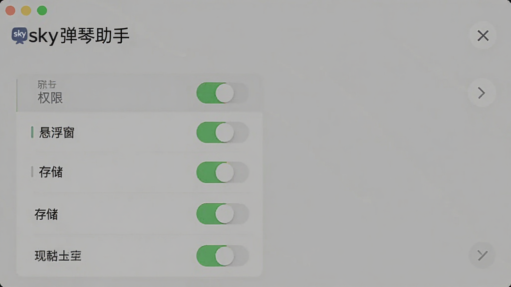 图片主体为“sky弹琴助手”设置界面,布局包含权限开关列表,风格简洁,细节展示“悬浮窗”、“存储”等选项,画质清晰,干净无多余元素。