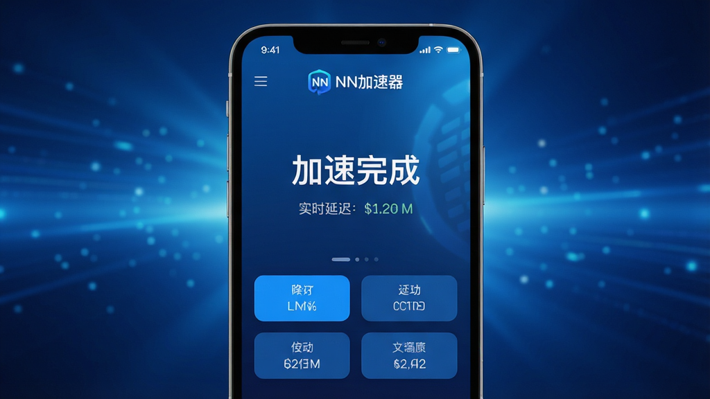 主体:NN加速器软件界面,手机屏幕显示加速成功的状态。布局:手机居中,屏幕内容清晰展示“加速完成”字样与实时延迟数据。排版:界面简洁,功能按钮排列有序。风格:现代科技感,蓝色调为主。细节:屏幕中显示“NN加速器”Logo,背景为渐变蓝色光效。画质:高清渲染,干净,无多余元素。