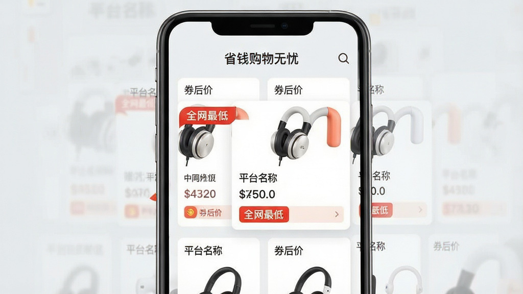 一张“省钱购物无忧”APP智能比价功能界面截图预览图,主体为手机界面设计稿,屏幕内上下排列着来自不同电商平台的同款耳机商品卡片,每张卡片清晰标注“平台名称”、“价格”和“券后价”,其中一张卡片带有醒目的“全网最低”红色标签。界面背景为浅灰色,布局规整,排版清晰,风格为简洁的UI设计展示图,细节到字体大小,画质干净,无多余元素。