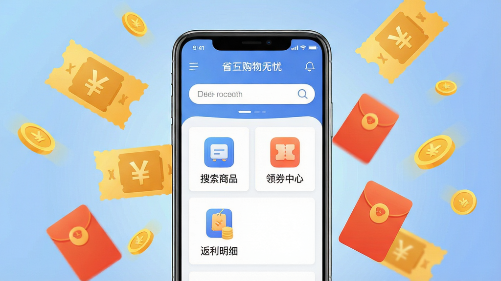 一张展示“省钱购物无忧”APP核心功能的宽幅宣传海报,主体为一部智能手机屏幕占据画面中央,屏幕内清晰显示应用主界面,包含“搜索商品”、“领券中心”和“返利明细”三大板块图标。手机周围悬浮着金色的优惠券、红包和金币元素,背景为柔和的渐变蓝色,布局饱满,风格为现代扁平化插画,细节丰富,画质高清干净,无多余元素。