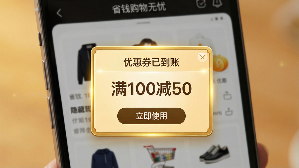 一张“省钱购物无忧”APP领取隐藏优惠券成功的效果图,主体为手机屏幕,屏幕中央弹出一个金色边框的“优惠券已到账”弹窗,弹窗内显示“满100减50”字样,下方有“立即使用”按钮。屏幕背景为模糊的购物APP商品详情页,营造真实使用场景。整体布局主体突出,风格为高质感UI动效截图,细节包括光影效果,画质清晰干净。