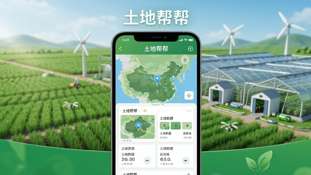高清3D渲染风格主视觉图,前景为智能手机屏幕展示土地帮帮APP界面,屏幕中显示地图与土地数据卡片,背景为广袤农田与现代化农业设施,整体色调以绿色和蓝色为主,突出土地资源与科技结合,画面干净无多余元素,画质细腻清晰,文字标注“土地帮帮”居中显示