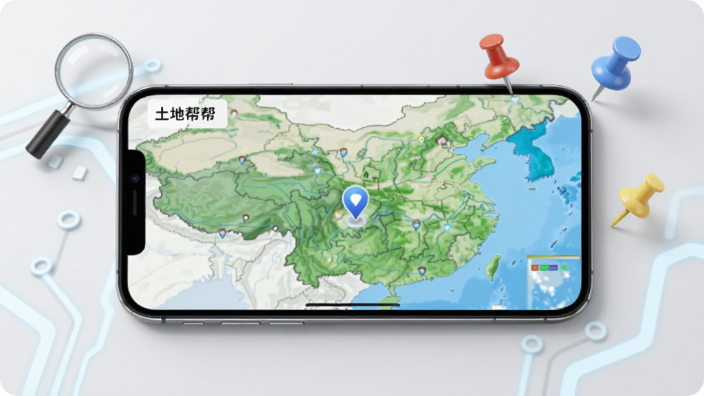 土地帮帮APP在手机上的运行场景,手机横置显示土地地图页面,周围有放大镜、图钉等元素,背景为浅灰色,整体风格科技感强,画质干净,无多余元素,手机屏幕上有“土地帮帮”字样