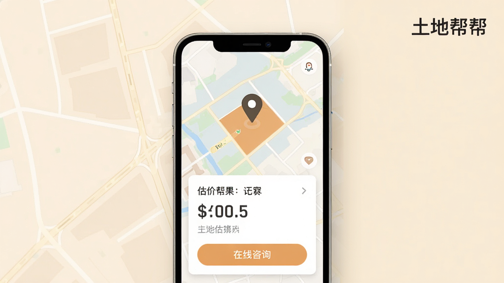 土地帮帮APP在线估价功能预览,手机屏幕显示地图上标记地块位置,下方显示估价结果卡片与“在线咨询”按钮,背景为柔和米色,风格现代简洁,画质高清,无多余元素,右上角标注“土地帮帮”