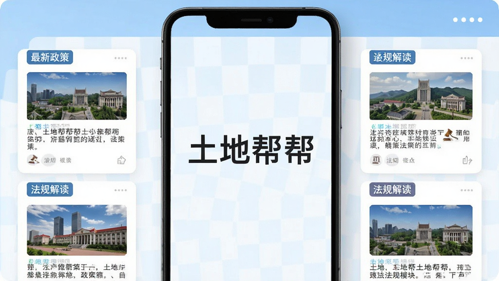 土地帮帮APP政策法规模块展示图,界面呈现多篇政策文章的缩略卡片,配有“最新政策”、“法规解读”标签,背景为浅蓝与白色相间,整体风格商务简约,画质干净,无多余元素,屏幕中央有“土地帮帮”字样