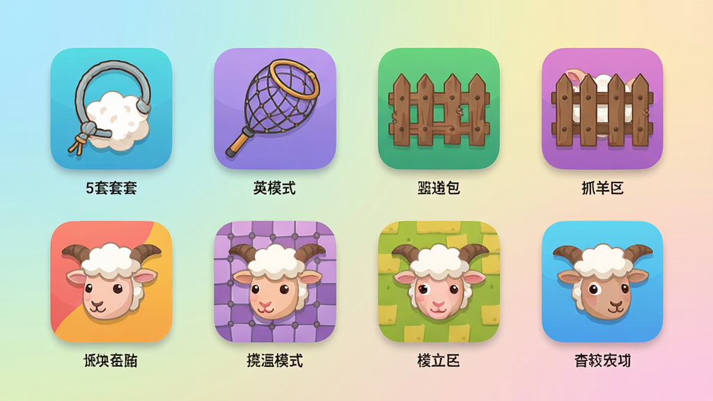 主体:游戏界面展示多种抓羊模式图标,包括套索、网兜、围栏等。布局:图标以网格形式排列在屏幕中央,每个图标下方有名称标签。排版:整齐有序,图标大小一致,色彩各异。风格:扁平化UI设计,搭配柔和渐变背景。细节:每个图标都有小羊元素,例如套索图标上缠着羊毛,网兜图标里露出羊角。画质:高清,干净,无多余元素。
