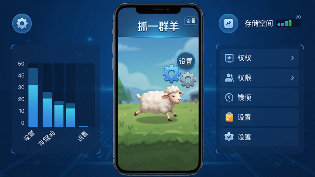主体:一部智能手机屏幕显示《抓一群羊》游戏画面,旁边有设置图标和存储空间显示。布局:手机居中,左侧显示存储空间条形图,右侧显示权限列表。排版:简洁明了,重点突出。风格:科技感,蓝色调。细节:手机屏幕上有小羊奔跑画面,周围有齿轮图标和“设置”字样。画质:高清,干净,无多余元素。