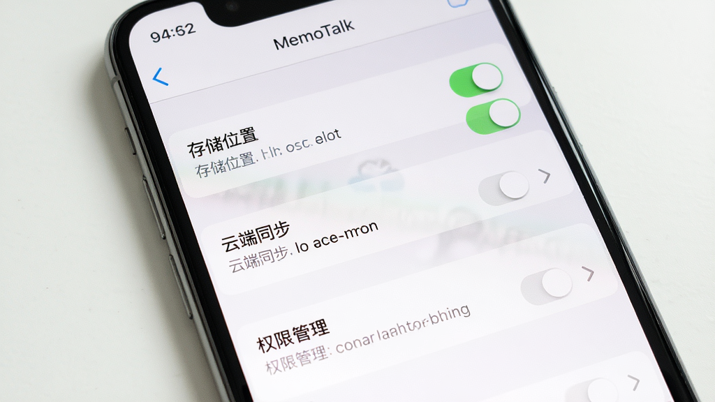 主体:MemoTalk应用在手机上的设置界面,显示存储路径、同步选项和权限管理。布局:手机屏幕特写,背景为浅白色桌面。排版:设置列表清晰,每项带有开关或箭头。风格:简洁的iOS风格设置界面。细节:屏幕显示“存储位置”和“云端同步”等选项。画质:高清,明亮,无多余元素。