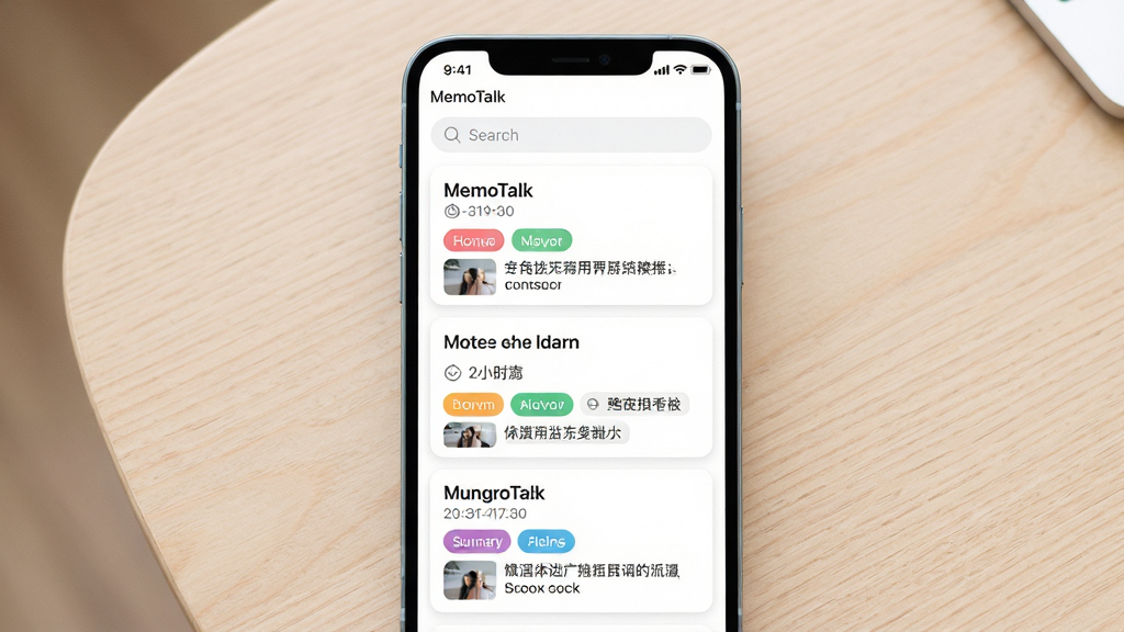主体:MemoTalk应用界面展示整理后的笔记列表,每条笔记带有彩色标签和摘要。布局:手机屏幕竖屏显示,列表从上到下排列,背景为淡色木纹桌面。排版:每条笔记卡片包含标题、时间、标签和缩略内容,顶部有搜索栏。风格:简洁卡片式设计,色彩柔和,标签颜色鲜艳。细节:标签形状为圆角矩形,文字清晰。画质:干净明亮,无多余元素。