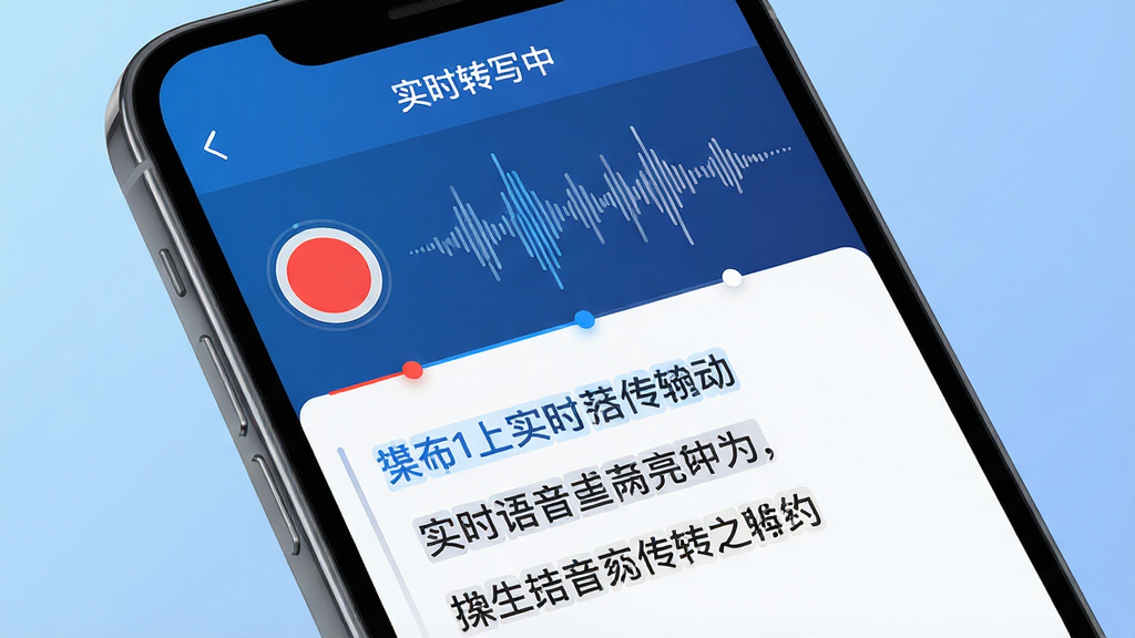 主体:MemoTalk应用在手机上运行的实时语音转写画面,界面左侧为红色录制按钮,右侧为逐行出现的文字。布局:手机屏幕特写,背景为柔和的渐变蓝色,营造专注氛围。排版:屏幕顶部显示“实时转写中”状态,中部为波形动态,下方文字区逐条浮现。风格:科技感UI设计,字体清晰,重点信息高亮。细节:波形图与文字进度同步,颜色以蓝白为主。画质:高清渲染,画面纯净,无多余元素。
