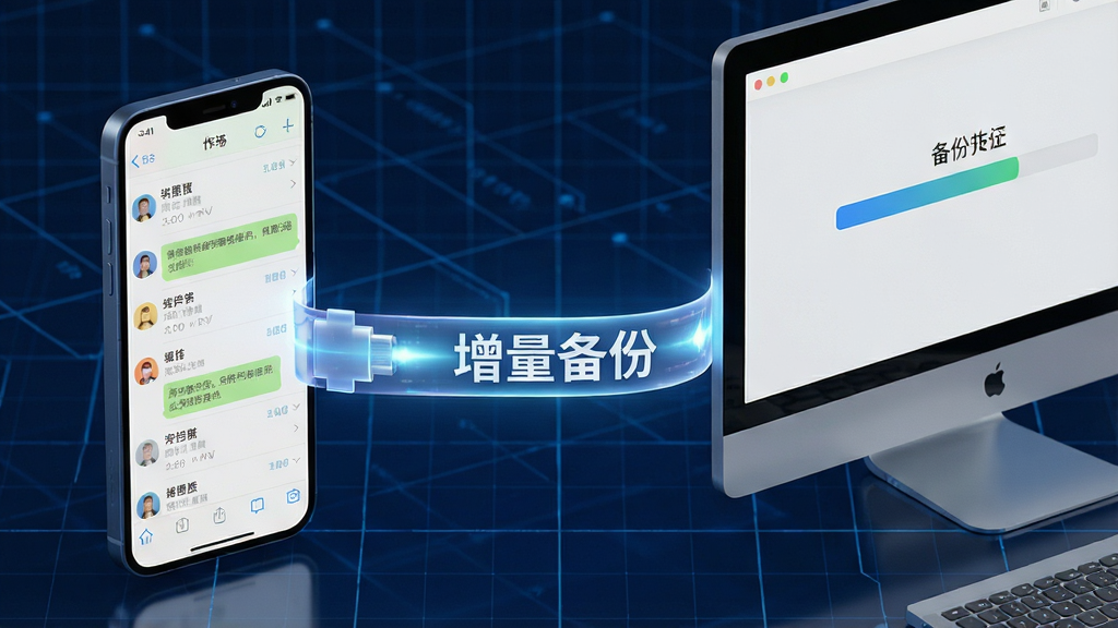 画面主体为一部手机与一台电脑之间有一条闪亮的数据传输光带,光带上标注“增量备份”字样,背景是深蓝色科技网格,布局左右对称,排版清晰,风格写实3D渲染,细节包括手机屏幕显示聊天记录列表,电脑屏幕显示备份进度条,画质高清,干净,无多余元素