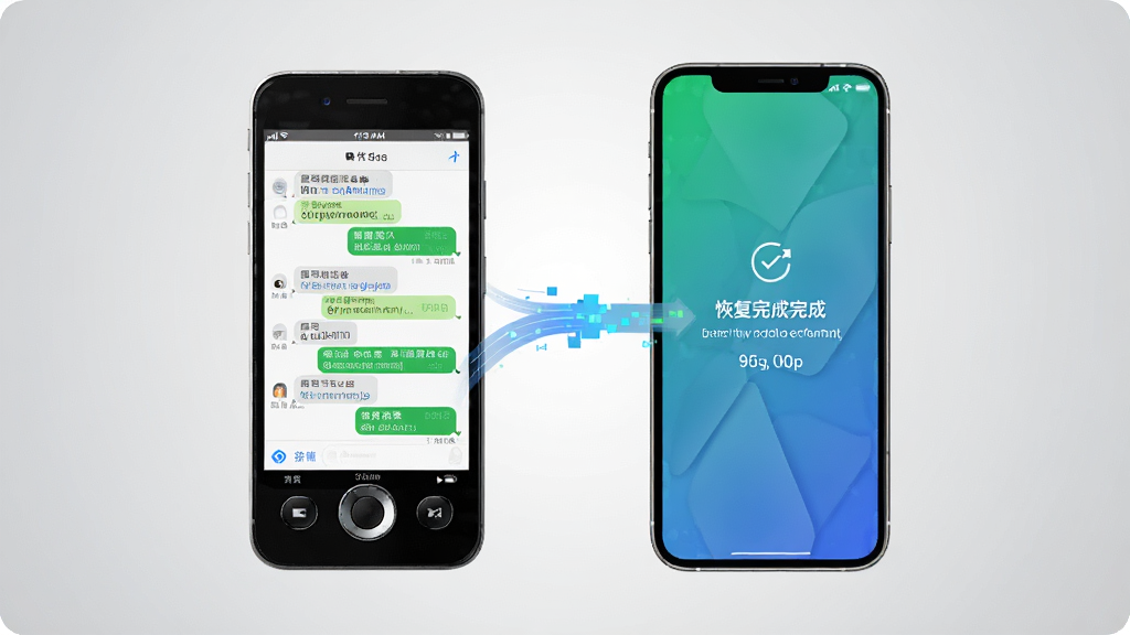 画面主体为两部手机并排放置,旧手机屏幕显示聊天记录,新手机屏幕显示恢复完成提示,背景是浅灰色渐变,布局居中,排版简洁,风格商务科技风,细节包括数据从旧手机流向新手机,画质高清,干净,无多余元素