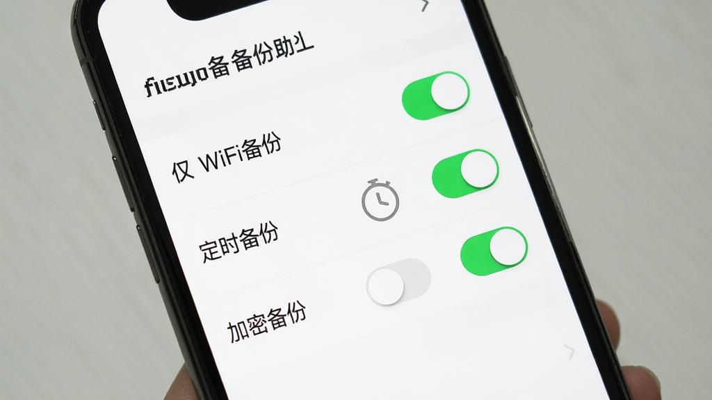 画面主体为手机屏幕展示聊天备份助手软件的备份设置页面,页面包含“仅WiFi备份”“定时备份”“加密备份”等开关选项,背景为白色,布局列表式,排版清晰,风格扁平化UI设计,细节包括开关按钮为绿色,画质高清,干净,无多余元素