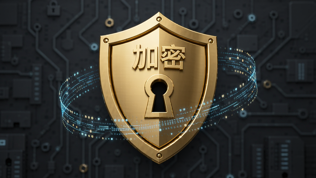 画面主体为一个金色盾牌图标,盾牌中央有锁孔,周围环绕数据加密线条,背景是深灰色科技感,布局居中,排版大气,风格3D立体,细节包括盾牌表面有“加密”字样,画质高清,干净,无多余元素