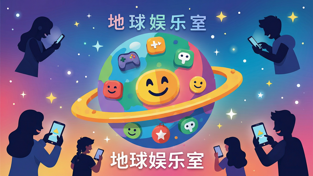 画面中央展示一个色彩鲜艳的星球形状的娱乐空间,星球表面由各种游戏图标和笑脸元素构成。四周环绕着欢快的人物剪影,他们正在使用手机互动。背景是渐变的星空,点缀着星星和光点。整体布局采用中心对称,主体突出,排版清晰。风格为扁平化插画,细节丰富,画质高清,干净无多余元素,文字标注