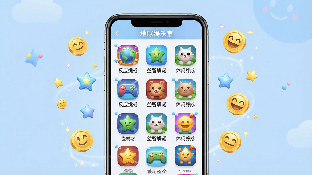 展示手机屏幕上的地球娱乐室游戏合集界面,屏幕上整齐排列着多个彩色游戏图标,每个图标下方标注