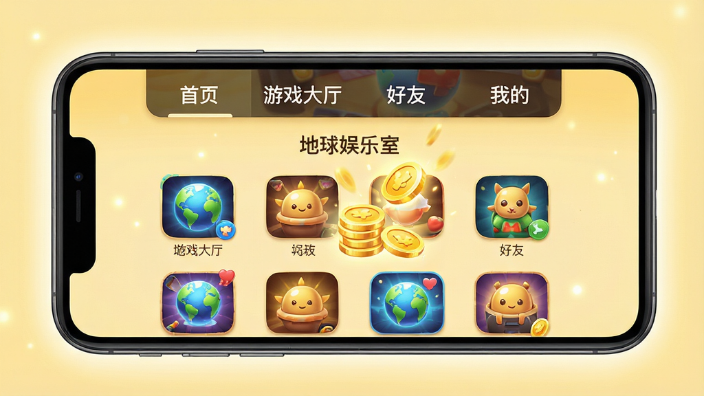 一幅手机截图风格的画面,展示地球娱乐室的主界面和功能分区,顶部有